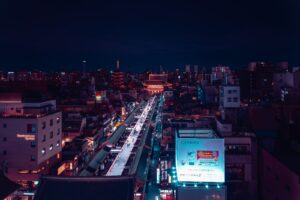 An aerial view of a city at night